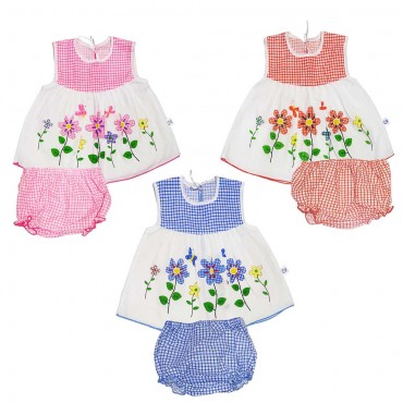 Checks Print Sleeveless Flower Embroidered Mix Colours Cotton Frock set For Infant Baby Girl - (Pack Of 3 Set)