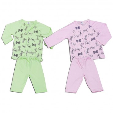 Baby Suit Front Open Full Sleeve Bow Print Green and Pink Colour For New Born (6-12months)
