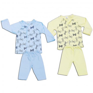 Baby Suit Front Open Full Sleeve Bow Print Blue and Yellow Colour For New Born (6-12months)