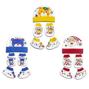 Bright Baby Caps, Booties and Mittens Set (K18 Blue BEAR, Red HAPPY, Yellow GUITAR)