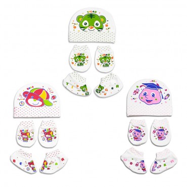 Creative Character Printed Baby Caps Set With Mittens and Booties (K19, Red BEAR, Pink WORM, Green TIGER)