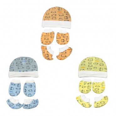 Creative Print Caps set Including Booties and Mittens (MEOW, BLUE, PEACH, YELLOW)
