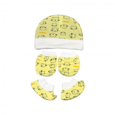 Creative Print Caps set Including Booties and Mittens (MEOW, BLUE, PEACH, YELLOW)