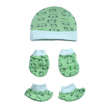 Ethnic Shades of Baby Caps Set with Booties and Mittens (MEOW, MINT, GREEN, PINK)