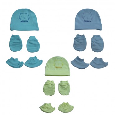 Simple Baby Caps Set with Mittens and Booties (MEOW EMB, BLUE, MINT, YELLOW)