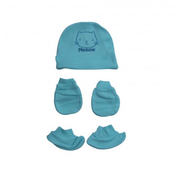 Simple Baby Caps Set with Mittens and Booties (MEOW EMB, BLUE, MINT, YELLOW)