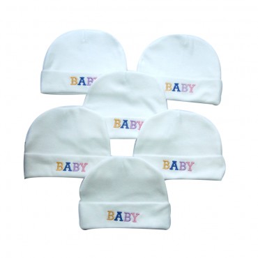 Unisex Baby Caps for boy and girl - White Baby Print, pack of 6