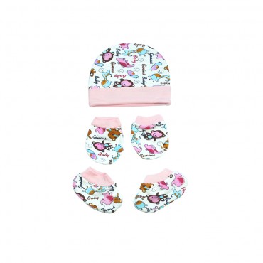 Newborn Babies Caps Set with Booties & Mittens (ANIMAL, PINK, PEACH)