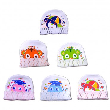Cotton Baby Caps - Bear, Tiger, Worm Print, Pack of 6