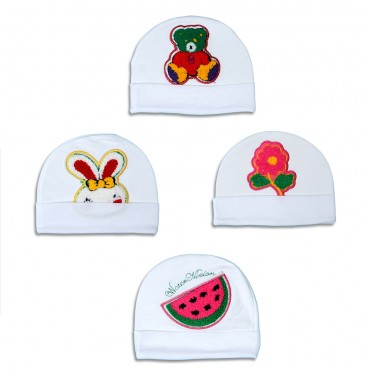Multicolor Caps for newborn - Flower, Bear, Watermelon, Rabbit Print, pack of 4