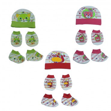 Baby Cotton Caps Set with Booties & Mittens (K17 Red TRAVEL, Pink HAPPY, Green Bath)  