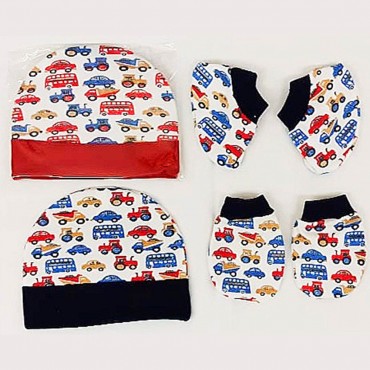 Bright Car and Bus Print, Infant Caps Set inclusive of Mittens and Booties (Dark Colour CAR & BUS, RED, NAVY)