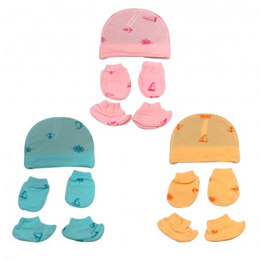 Cotton Newborn Caps Set with Mittens and Booties (BABY ANCHOR, MINT, PEACH, PINK) 