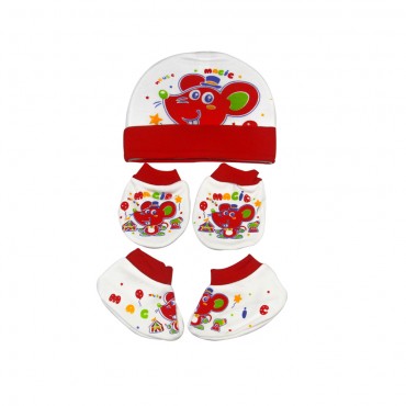 Creative Character Print Baby Caps Set With Mittens and Booties (MAGIC RED, RHINO NAVY)