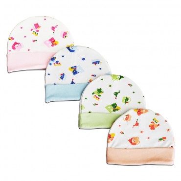 Cotton Baby Caps - Colorful Teddy Bears Print, Pack of 4