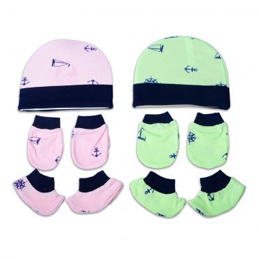 Best Quality Anchor Print Caps With Mittens And Booties (ANCHOR - PINK, GREEN)