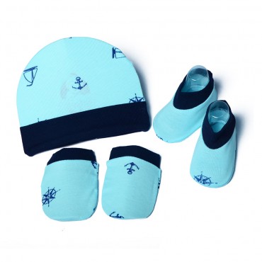 Best Quality Anchor Print Caps With Mittens And Booties (ANCHOR - MINT, PEACH)