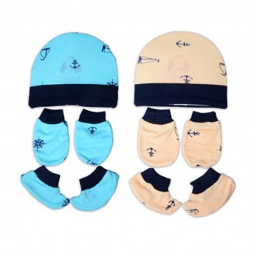Best Quality Anchor Print Caps With Mittens And Booties (ANCHOR - MINT, PEACH)