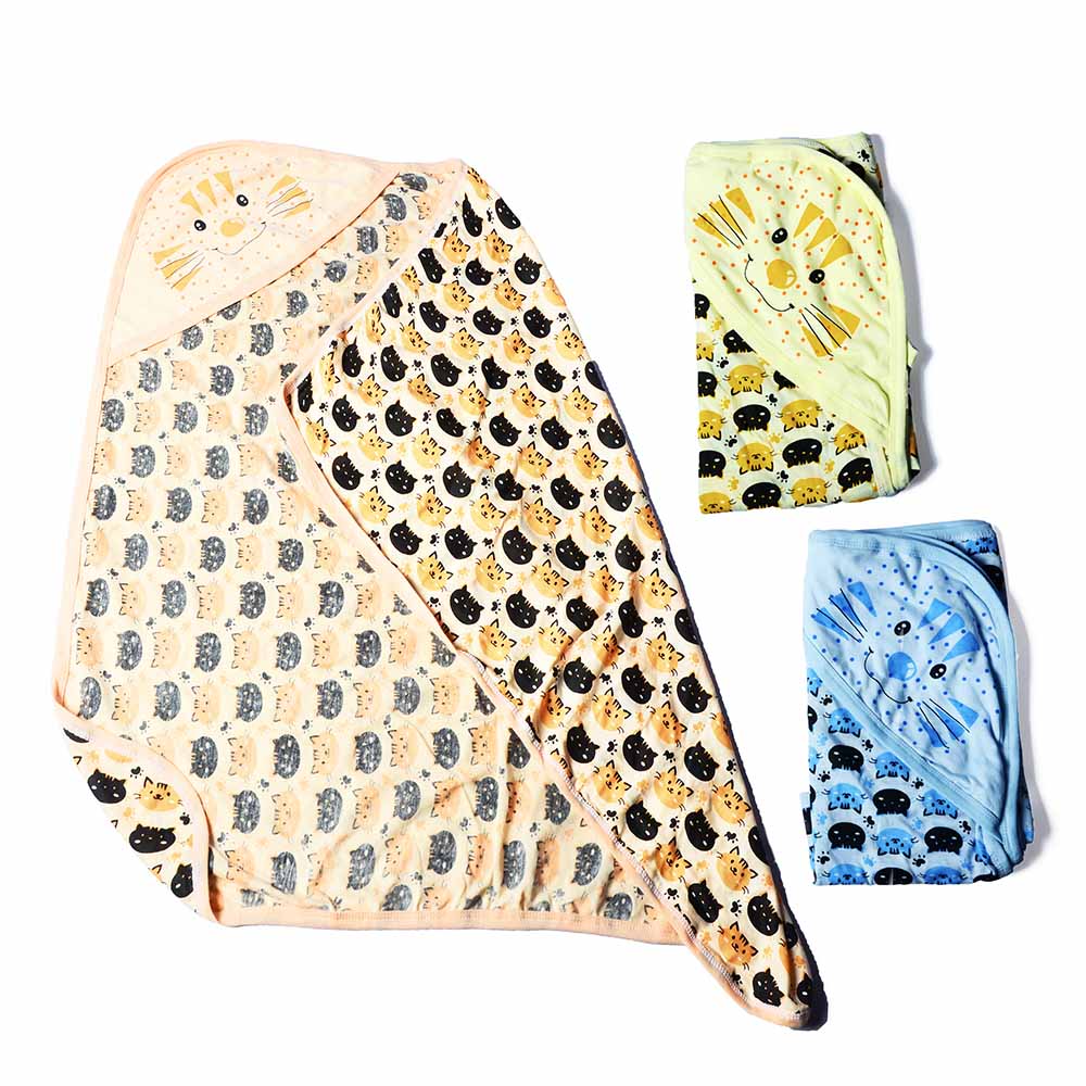 Cute Pattern Hooded Towels for Newborn, Cat Print - Orange, Yellow, Blue (Pack Of 3 Towels)