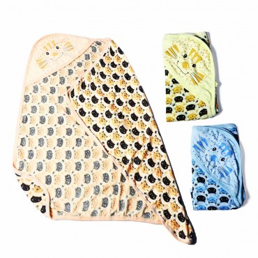 Cute Pattern Hooded Towels for Newborn, Cat Print - Orange, Yellow, Blue (Pack Of 3 Towels)