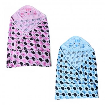 Cotton Hooded Towels for Newborn, Cat Print - Pink, Blue (Pack Of 2 Towels)