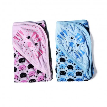 Cotton Hooded Towels for Newborn, Cat Print - Pink, Blue (Pack Of 2 Towels)