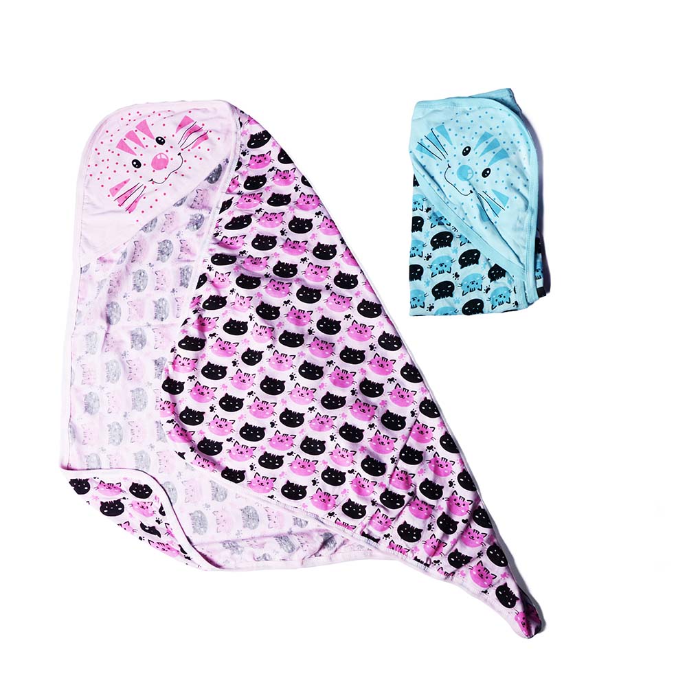 Cotton Hooded Towels for Newborn, Cat Print - Pink, Mint (Pack Of 2 Towels)