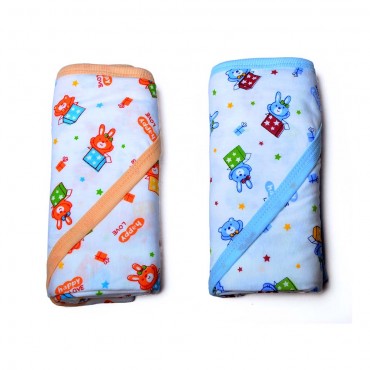 Cute Hooded Towels for Infants, Happy Love Print - Peach, Blue (Pack Of 2 Towels)