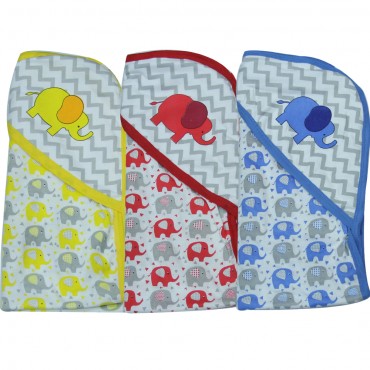 Best and Bright Hooded Towels, Elephant Print - YELLOW, RED, BLUE (Pack of 3 Towels)
