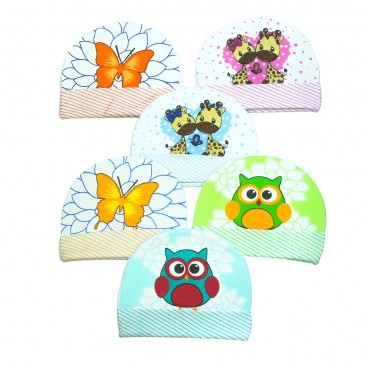 Comfortable Kids Cap for newborn - Owl, Giraffe, Butterfly Print, pack of 6	