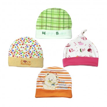 Multicolor Caps for newborn - Happy Birthday, I Love Mummy Print, pack of 4	