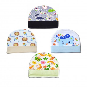 Cotton Baby Caps - Baby, Zoo Mix Print, Pack of 4