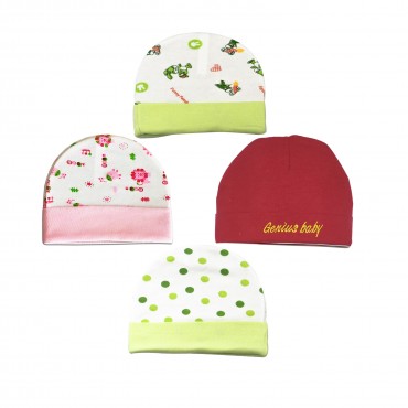 Multicolor Caps for newborn - Funny Family, Genius Baby Print, pack of 4