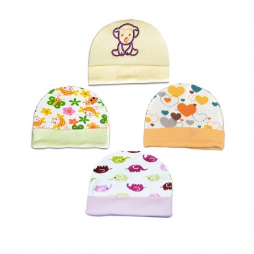 Multicolor Caps for newborn - Assorted Animal, Flower Print, pack of 4