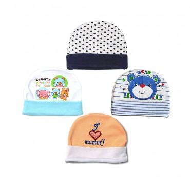Cotton Baby Caps - Sports Present, I Love Mummy, Bear Mix Print, Pack of 4