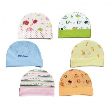 Unisex Baby Caps for boy and girl - Meow, Cruise Print, pack of 6