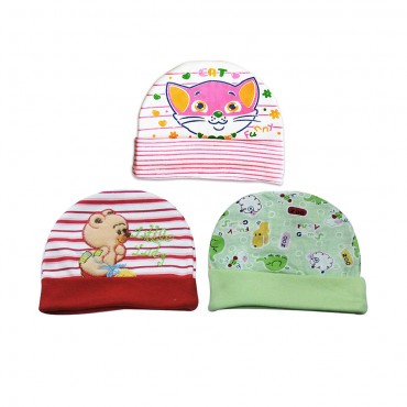 Unisex Baby Caps for boy and girl - Cat, Zoo, Cruise Print, pack of 6