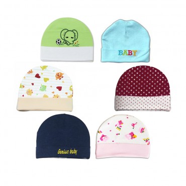 Unisex Baby Caps for boy and girl - Baby Assorted Print, pack of 6