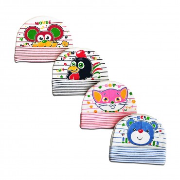 Multicolor Caps for newborn - Mouse Chicken Cat Bear Print, pack of 4