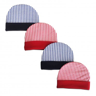 Multicolor Caps for newborn - Red Blue Checks Print, pack of 4