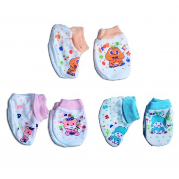 Exclusive Print Mittens and Booties Set (B15, Orange FROG, Pink BABY, MINT SHEEP)
