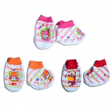 Exclusive Colours and Prints - Infant Mittens and Booties (B17 Red TRAVEL, Pink HAPPY, Orange Bath) 
